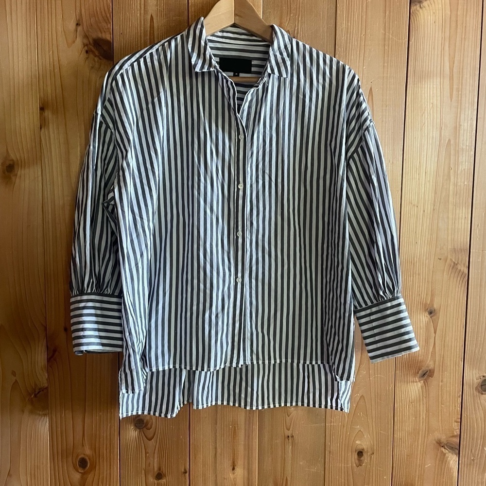 Nili Lotan 3/4 Sleeve Striped Button Shirt Gray - Picture 4 of 7